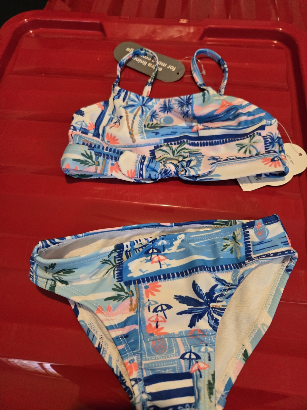 Girls Blue Tropical Print Two-Piece Swim Set - Picture 2 of 5